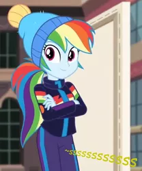 Size: 600x720 | Tagged: suggestive, artist:thedarkpony, derpibooru import, edit, edited screencap, screencap, rainbow dash, equestria girls, equestria girls series, holidays unwrapped, spoiler:eqg series (season 2), blizzard or bust, clothes, cropped, female, fetish, image, implied pissing, implied urine, implied wetting, onomatopoeia, pee edit, peeing in pants, png, urine, watersports, winter outfit