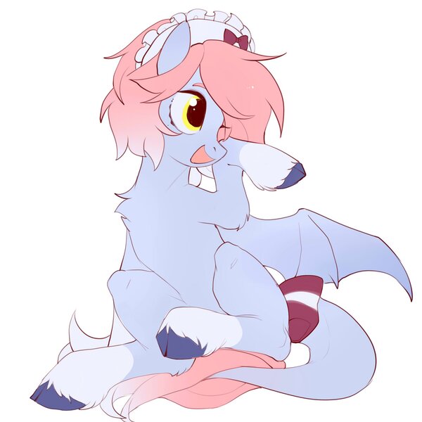 Size: 2048x2048 | Tagged: safe, artist:amo, derpibooru import, oc, unofficial characters only, pony, bow, clothes, image, jpeg, maid, maid headdress, open mouth, raised hoof, simple background, solo, unshorn fetlocks, white background