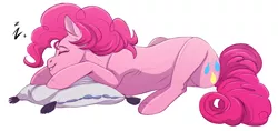 Size: 1280x603 | Tagged: safe, artist:1an1, derpibooru import, pinkie pie, earth pony, pony, cute, diapinkes, eyes closed, female, image, lying down, mare, onomatopoeia, pillow, png, profile, prone, simple background, sleeping, smiling, solo, sound effects, white background, z, zzz