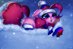 Size: 2853x1932 | Tagged: safe, artist:mite-lime, derpibooru import, pinkie pie, earth pony, pony, blushing, cheek fluff, clothes, cold, cute, diapinkes, dock, dock fluff, ear fluff, floppy ears, hat, image, jpeg, open mouth, russia, scarf, snow, snowflake, socks, solo, stockings, thigh highs, winter