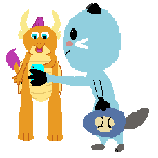 Size: 229x229 | Tagged: safe, artist:thegamerpainter, derpibooru import, smolder, dewott, dragon, otter, 1000 hours in ms paint, crossover, duo, image, mobile phone, open mouth, phone, png, pokémon