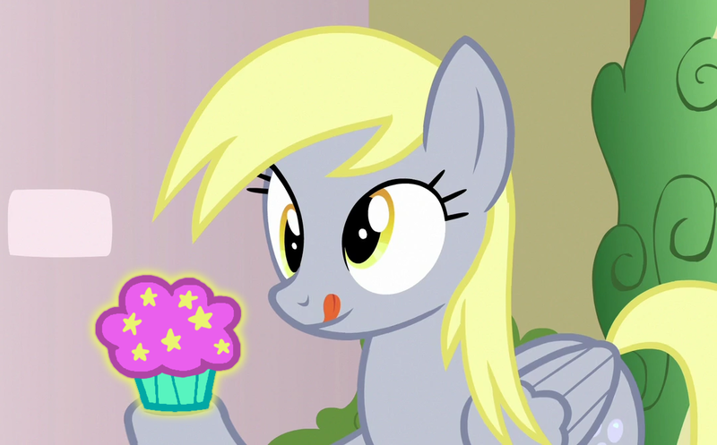 Size: 1080x671 | Tagged: safe, derpibooru import, edit, edited screencap, screencap, derpy hooves, pegasus, pony, triple threat, crossover, fairyversary muffin, food, image, muffin, png, solo, the fairly oddparents, this will not end well, tongue out