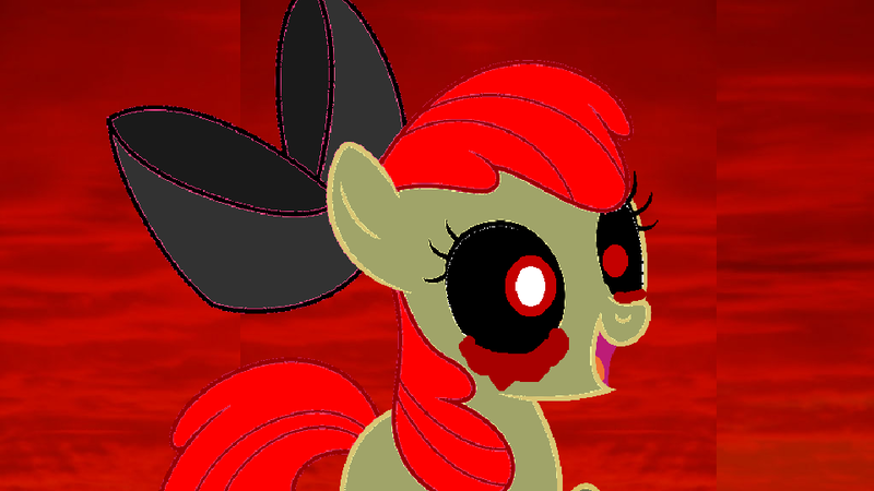 Size: 960x540 | Tagged: semi-grimdark, artist:angrymetal, derpibooru import, apple bloom, earth pony, pony, .exe, 1000 hours in ms paint, blood, bow, crying, female, filly, hair bow, image, open mouth, png, smiling, solo, tears of blood, zalgo