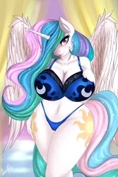 Size: 2824x4240 | Tagged: suggestive, artist:derpx1, derpibooru import, princess celestia, alicorn, anthro, adorasexy, big breasts, both cutie marks, bra, breasts, busty princess celestia, clothes, cute, cutelestia, female, hair over one eye, huge breasts, image, implied princess luna, looking at you, panties, png, sexy, solo, solo female, stupid sexy celestia, tongue out, underwear, underwear swap, wide hips