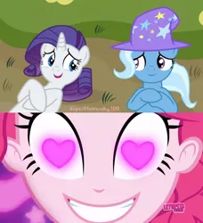 Size: 852x936 | Tagged: safe, derpibooru import, edit, edited screencap, screencap, pinkie pie, rarity, trixie, coinky-dink world, eqg summertime shorts, equestria girls, female, heart eyes, image, lesbian, meme, pinkie's eyes, png, rarixie, shipping, wingding eyes