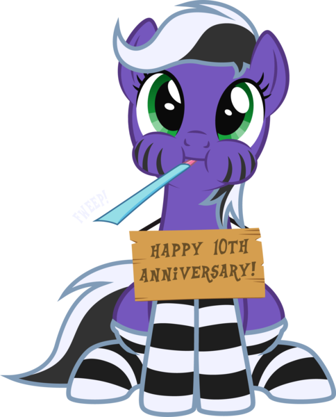 Size: 1683x2085 | Tagged: safe, artist:lightning stripe, derpibooru import, oc, oc:lightning stripe, earth pony, pony, black and white mane, clothes, cute, derpibooru exclusive, eyelashes, female, front view, green eyes, happy birthday mlp:fim, image, looking at you, mare, mlp fim's tenth anniversary, ocbetes, onomatopoeia, party horn, png, puffy cheeks, show accurate, sign, simple background, sitting, socks, solo, striped socks, stripes, text, transparent background, two toned mane, two toned tail, vector