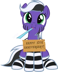 Size: 1683x2085 | Tagged: safe, artist:lightning stripe, derpibooru import, oc, oc:lightning stripe, earth pony, pony, black and white mane, clothes, cute, derpibooru exclusive, eyelashes, female, front view, green eyes, happy birthday mlp:fim, image, looking at you, mare, mlp fim's tenth anniversary, ocbetes, onomatopoeia, party horn, png, puffy cheeks, show accurate, sign, simple background, sitting, socks, solo, striped socks, stripes, text, transparent background, two toned mane, two toned tail, vector