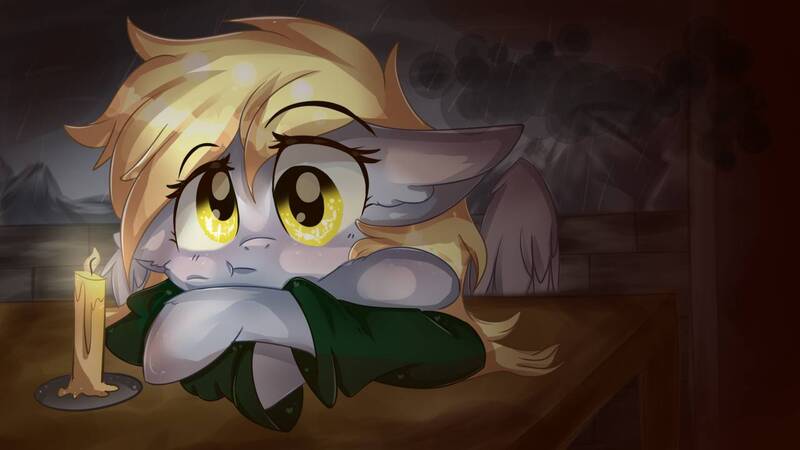 Size: 1280x720 | Tagged: safe, artist:justkattyo, derpibooru import, derpy hooves, pegasus, pony, candle, clothes, female, image, jpeg, rain, solo