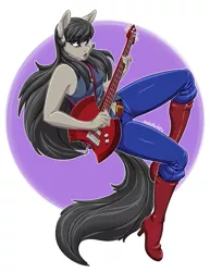 Size: 989x1280 | Tagged: safe, artist:hobbsmeerkat, derpibooru import, octavia melody, anthro, vampire, adventure time, axe, axe bass, bass guitar, boots, clothes, crossover, floating, image, jeans, jpeg, long hair, marceline, musical instrument, pants, reference, rocktavia, shoes, solo, tanktop, weapon