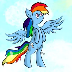 Size: 1080x1080 | Tagged: safe, artist:rossponeart, derpibooru import, rainbow dash, pegasus, pony, backwards cutie mark, cloud, flying, image, png, sky, solo