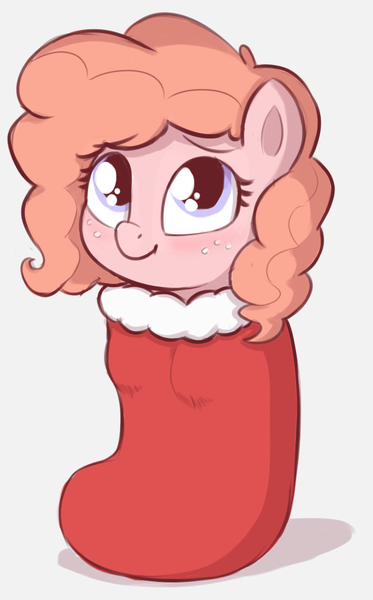 Size: 698x1122 | Tagged: safe, artist:heretichesh, derpibooru import, oc, oc:peachy keen, pony, blushing, christmas, christmas stocking, cute, happy, holiday, image, png, pony in a stocking