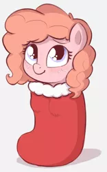 Size: 698x1122 | Tagged: safe, artist:heretichesh, derpibooru import, oc, oc:peachy keen, pony, blushing, christmas, christmas stocking, cute, happy, holiday, image, png, pony in a stocking