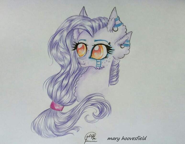 Size: 1024x795 | Tagged: safe, artist:maryhoovesfield, derpibooru import, oc, unofficial characters only, earth pony, pony, bust, chest fluff, ear fluff, ear piercing, earring, earth pony oc, eyelashes, image, jewelry, jpeg, piercing, signature, solo, traditional art