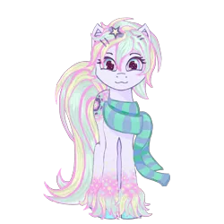 Size: 3000x3000 | Tagged: safe, artist:umbrapone, derpibooru import, oc, oc:bass-beat, unofficial characters only, earth pony, pony, derpibooru community collaboration, 2021 community collab, butt freckles, clothes, earth pony oc, female, freckles, hairclip, hairpin, image, looking at you, mare, png, scarf, short mane, simple background, solo, standing, stripes, transparent background, unshorn fetlocks