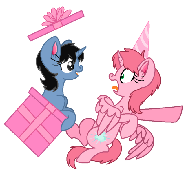 Size: 940x878 | Tagged: safe, artist:muhammad yunus, derpibooru import, oc, oc:siti shafiyyah, ponified, alicorn, pony, unicorn, aelita schaeffer, base used, box, code lyoko, duo, duo female, female, happy birthday, hat, image, open mouth, party hat, png, simple background, transparent background