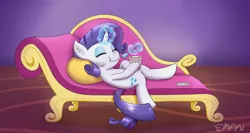 Size: 3000x1600 | Tagged: safe, artist:empyu, derpibooru import, rarity, pony, unicorn, eating, eyes closed, fainting couch, female, food, glowing horn, horn, ice cream, image, lying down, mare, on back, png, solo, that pony sure does love ice cream