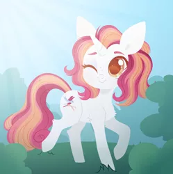 Size: 4000x4011 | Tagged: safe, artist:belka-sempai, derpibooru import, oc, unofficial characters only, pony, unicorn, bush, chest fluff, crepuscular rays, cute, female, hock fluff, image, mare, ocbetes, one eye closed, png, raised hoof, raised leg, scenery, smiling, solo, wink