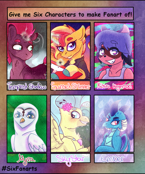 Size: 899x1077 | Tagged: safe, artist:miserisyt, artist:shootingstaryt, derpibooru import, princess ember, princess skystar, sunset shimmer, tempest shadow, anthro, bird, classical hippogriff, hippogriff, owl, unicorn, six fanarts, my little pony: the movie, anthro with ponies, bna: brand new animal, broken horn, clothes, crossover, eye scar, female, flower, flower in hair, glowing horn, grin, guitar, horn, image, jewelry, looking back, magic, michiru kagemori, musical instrument, necklace, png, scar, smiling, sparking horn, telekinesis