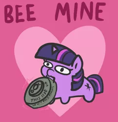Size: 876x906 | Tagged: safe, artist:t72b, derpibooru import, twilight sparkle, bee, insect, pony, unicorn, danger, female, heart, holiday, image, landmine, mare, marelet, mouth hold, oh god no, png, pun, solo, squatpony, this will end in death, this will end in tears, this will end in tears and/or death, twiggie, valentine's day, valentine's day card, visual pun, war crime, weapon