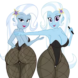 Size: 2000x2000 | Tagged: suggestive, artist:fishsandwich, derpibooru import, trixie, equestria girls, breasts, busty trixie, butt, clothes, extra thicc, fishnets, hand on hip, huge butt, image, large butt, leotard, looking at you, png, the great and powerful ass, thicc ass, thighs, thong leotard, thunder thighs, wide hips