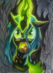 Size: 2877x3993 | Tagged: safe, artist:shadowingartist, derpibooru import, queen chrysalis, changeling, angry, evil, image, jpeg, magic, paper, tongue out