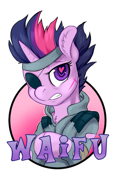 Size: 1237x1912 | Tagged: safe, artist:hobbes-maxwell, derpibooru import, nurse redheart, twilight sparkle, pony, unicorn, badge, eyepatch, future twilight, heart eyes, image, jpeg, metal gear, scar, simple background, solid sparkle, solo, waifu, waifu badge, white background, wingding eyes