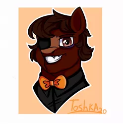 Size: 944x950 | Tagged: safe, artist:tohor_durachok, derpibooru import, oc, unofficial characters only, earth pony, pony, abstract background, bowtie, bust, clothes, earth pony oc, eyepatch, grin, image, jpeg, male, signature, smiling, solo, stallion