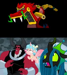 Size: 888x1000 | Tagged: safe, derpibooru import, edit, edited screencap, screencap, cozy glow, lord tirek, queen chrysalis, the ending of the end, homestar runner, image, mecha-trogador, png, spoilers for another series, stinkoman 20x6