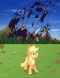 Size: 508x665 | Tagged: safe, derpibooru import, edit, edited screencap, screencap, applejack, bats!, bombshell (insecticon), clash of hasbro's titans, comparison, image, insecticons, kickback, plague of insecticons, png, shrapnel, transformers, worried