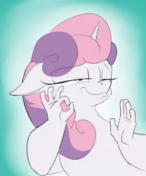Size: 1280x1536 | Tagged: safe, artist:rocket-lawnchair, derpibooru import, sweetie belle, anthro, pony, unicorn, female, filly, gradient background, image, jpeg, meme, pacha, ponified meme, reaction image, solo, suddenly hands, the emperor's new groove, when x just right