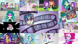 Size: 1978x1113 | Tagged: safe, derpibooru import, edit, edited screencap, editor:quoterific, screencap, applejack, fluttershy, juniper montage, pinkie pie, rainbow dash, rarity, sci-twi, starlight glimmer, sunset shimmer, twilight sparkle, pony, unicorn, equestria girls, mirror magic, spoiler:eqg specials, bag, bipedal, book, breaking the fourth wall, clothes, cracking, duo, eyes closed, female, frightened, glass shard, humane eight, humane five, humane seven, humane six, image, juniper monstar, mirror, mirror world, open mouth, png, saddle bag, scared, teeth, twilight's castle