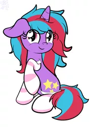 Size: 2060x2911 | Tagged: safe, artist:kimjoman, derpibooru import, oc, oc:cosmic spark, unofficial characters only, pony, unicorn, clothes, comments locked down, image, looking at you, png, signature, simple background, socks, solo, striped socks, white background