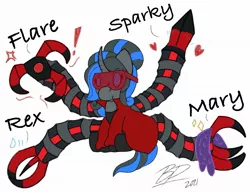 Size: 2048x1577 | Tagged: safe, artist:blazep0ny, derpibooru import, oc, oc:scarlet, pony, unicorn, angry, chibi, cute, doctor octopus, emotional, emotions, evil, fashion, image, jpeg, love, robotic arm, sitting, tentacles