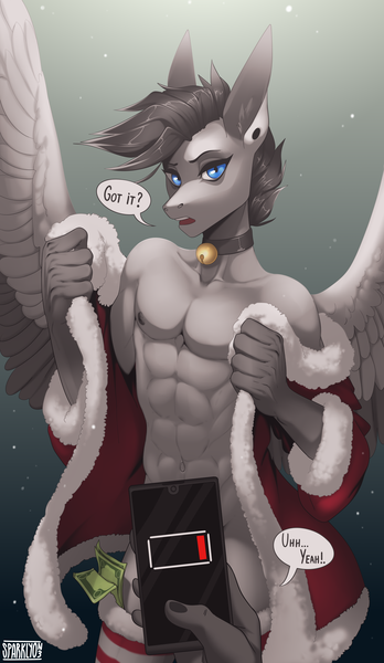 Size: 2900x5000 | Tagged: suggestive, artist:sparklyon3, derpibooru import, oc, oc:spectrum storm, anthro, pegasus, bell, bell collar, christmas, clothes, collar, holiday, image, male, male nipples, muscles, nipples, nudity, offscreen character, partial nudity, phone, png, socks, solo, solo male, suit, topless