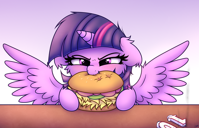 Size: 2800x1800 | Tagged: safe, artist:heavymetalbronyyeah, derpibooru import, twilight sparkle, twilight sparkle (alicorn), alicorn, pony, :t, blushing, borgarposting, burger, candle, cheek fluff, cute, ear fluff, ear tufts, eating, female, floppy ears, fluffy, food, glare, gradient background, happy birthday mlp:fim, hay burger, image, leg fluff, lidded eyes, mare, mlp fim's tenth anniversary, nom, png, smiling, smirk, solo, spread wings, table, that pony sure does love burgers, twiabetes, twilight burgkle, wing fluff, wings