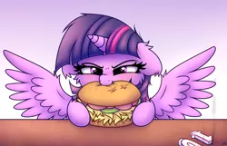 Size: 2800x1800 | Tagged: safe, artist:heavymetalbronyyeah, derpibooru import, twilight sparkle, twilight sparkle (alicorn), alicorn, pony, :t, blushing, borgarposting, burger, candle, cheek fluff, cute, ear fluff, ear tufts, eating, female, floppy ears, fluffy, food, glare, gradient background, happy birthday mlp:fim, hay burger, image, leg fluff, lidded eyes, mare, mlp fim's tenth anniversary, nom, png, smiling, smirk, solo, spread wings, table, that pony sure does love burgers, twiabetes, twilight burgkle, wing fluff, wings