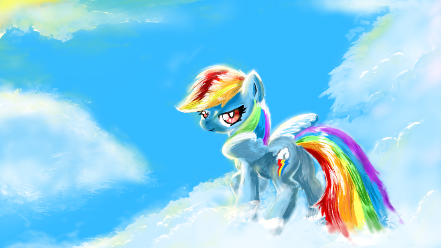 Size: 441x248 | Tagged: safe, artist:buttonmash, derpibooru import, rainbow dash, pegasus, pony, spoiler:mlp friendship is forever, blue pony, butt, cloud, illustration, image, plot, png, rainbow, sky, solo, wings
