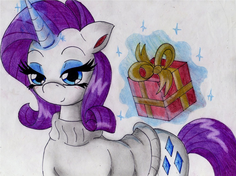 Size: 2912x2168 | Tagged: safe, artist:alcasar-reich, derpibooru import, rarity, pony, unicorn, clothes, image, jpeg, magic, present, solo, sweater, telekinesis, traditional art