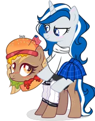 Size: 2130x2710 | Tagged: safe, artist:seichi, derpibooru import, oc, oc:balmoral, oc:patty (ice1517), ponified, unofficial characters only, earth pony, pony, unicorn, american flag, blushing, burger, clothes, commission, duo, female, flag, food, freckles, hat, image, jersey, ketchup, kilt, lettuce, looking at each other, mare, mustard, nation ponies, png, ponies riding ponies, raised eyebrow, riding, sauce, scotland, simple background, skirt, sweater, tomato, transparent background, ych result