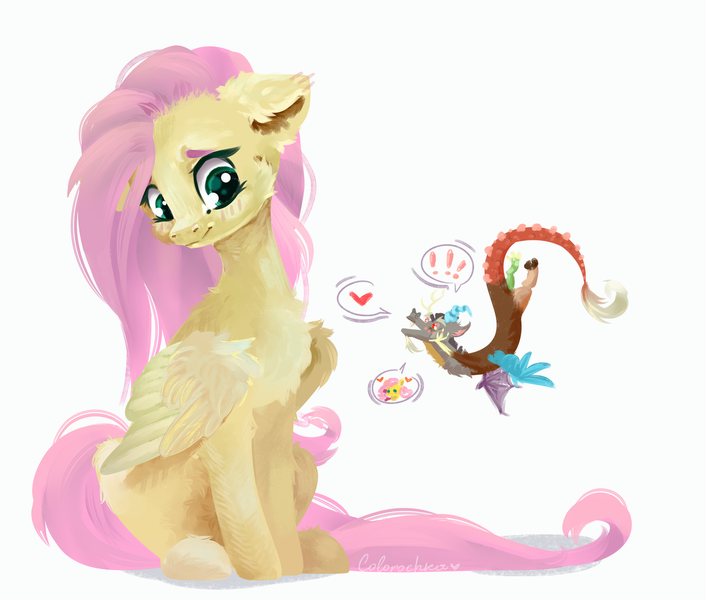 Size: 1280x1088 | Tagged: safe, artist:colorochka, derpibooru import, discord, fluttershy, draconequus, pegasus, pony, blushing, cheek fluff, chest fluff, discoshy, ear fluff, female, floppy ears, folded wings, head turn, heart, hoof fluff, image, leg fluff, looking at each other, looking sideways, macro/micro, male, mare, pictogram, png, shipping, simple background, sitting, size difference, smiling, speech bubble, straight, white background, wing fluff, wings