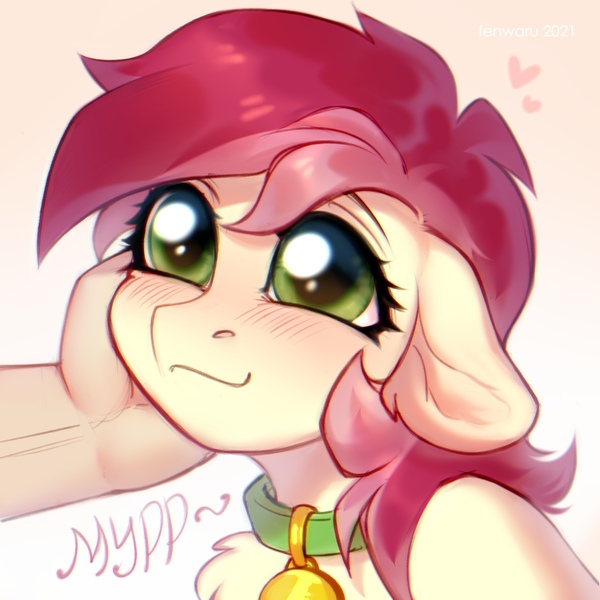 Size: 2000x2000 | Tagged: safe, artist:fenwaru, derpibooru import, roseluck, ambiguous species, human, pony, behaving like a cat, blushing, chest fluff, collar, commission, commissioner:doom9454, cute, cuteluck, cyrillic, floppy ears, fluffy, hand, happy, heart, high res, image, jpeg, offscreen character, pet tag, petting, pony pet, purring, rosepet, russian, smiling, translated in the description