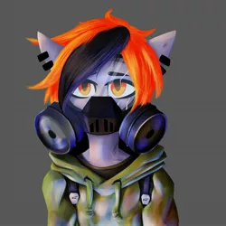 Size: 2674x2674 | Tagged: safe, artist:kelly_foster, derpibooru import, oc, oc:kelly, unofficial characters only, anthro, pegasus, pony, anthro oc, backpack, clothes, colored, ear piercing, earring, femboy, gas mask, gray background, half body, high res, hoodie, image, jewelry, jpeg, looking at you, male, mask, piercing, shirt, simple background, solo, stallion, t-shirt