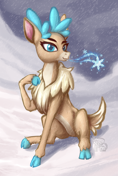 Size: 928x1384 | Tagged: safe, artist:calena, derpibooru import, velvet reindeer, deer, them's fightin' herds, community related, cute, image, png, sitting, snow, solo, storm, velvebetes