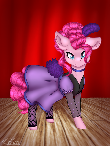 Size: 768x1024 | Tagged: safe, artist:delfinaluther, derpibooru import, pinkie pie, earth pony, pony, over a barrel, clothes, dress, female, image, mare, png, saloon dress, saloon pinkie, solo, song, stage