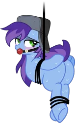 Size: 2455x4000 | Tagged: suggestive, artist:limedazzle, derpibooru import, oc, oc:cher nobyl, unofficial characters only, pony, unicorn, ballgag, bedroom eyes, blushing, bondage, drool, gag, green eyes, hat, image, looking at you, looking back, looking back at you, png, raised tail, rope, rope bondage, show accurate, show accurate porn, simple background, solo, suspended, suspension bondage, sweat, tail, transparent background, underhoof, ushanka