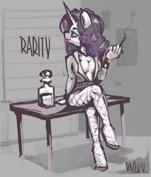 Size: 1700x2000 | Tagged: suggestive, artist:paskylizart, derpibooru import, rarity, anthro, absolute cleavage, breasts, cigarette, cleavage, image, noir, png, smoking