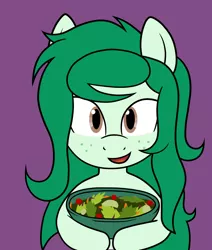 Size: 952x1125 | Tagged: safe, artist:scraggleman, derpibooru import, wallflower blush, ponified, earth pony, pony, cute, equestria girls ponified, flowerbetes, food, freckles, herbivore, holding, image, looking at you, png, salad, smiling, solo