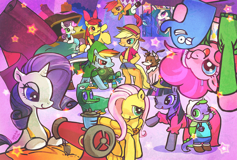 Size: 1000x675 | Tagged: safe, artist:rica, artist:ya-a, derpibooru import, apple bloom, applejack, fluttershy, gummy, pinkie pie, princess celestia, princess luna, rainbow dash, rarity, scootaloo, spike, sweetie belle, tank, twilight sparkle, winona, alicorn, dragon, earth pony, pegasus, pony, unicorn, adventure time, bloo (foster's), blossom (powerpuff girls), bubbles (powerpuff girls), buttercup (powerpuff girls), clothes, costume, courage the cowardly dog, crossover, cutie mark crusaders, fabric, female, finn the human, foster's home for imaginary friends, frankie foster, image, jpeg, leonardo, link, mane seven, mane six, mare, monkey d luffy, one piece, painting, perry the platypus, phineas and ferb, pixiv, princess bubblegum, sewing, sewing machine, teenage mutant ninja turtles, the legend of zelda, the powerpuff girls, unicorn twilight