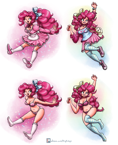 Size: 2600x3200 | Tagged: suggestive, artist:king-kakapo, derpibooru import, pinkie pie, human, adorasexy, belly button, bowtie, bra, bracelet, breasts, busty pinkie pie, clothes, converse, cute, diapinkes, dress, female, frilly underwear, handbag, happy, humanized, image, jewelry, mary janes, one eye closed, panties, patreon, patreon logo, pink underwear, plump, png, polka dot underwear, ribbon, sexy, shoes, skirt, sneakers, socks, solo, solo female, stocking feet, stockings, striped socks, striped underwear, thigh highs, underwear