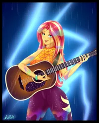 Size: 2000x2500 | Tagged: safe, artist:albertbm, derpibooru import, sunset shimmer, equestria girls, equestria girls series, let it rain, spoiler:eqg series (season 2), acoustic guitar, clothes, cutie mark, cutie mark on clothes, female, guitar, high res, image, jpeg, looking at you, musical instrument, open mouth, pants, singing, solo